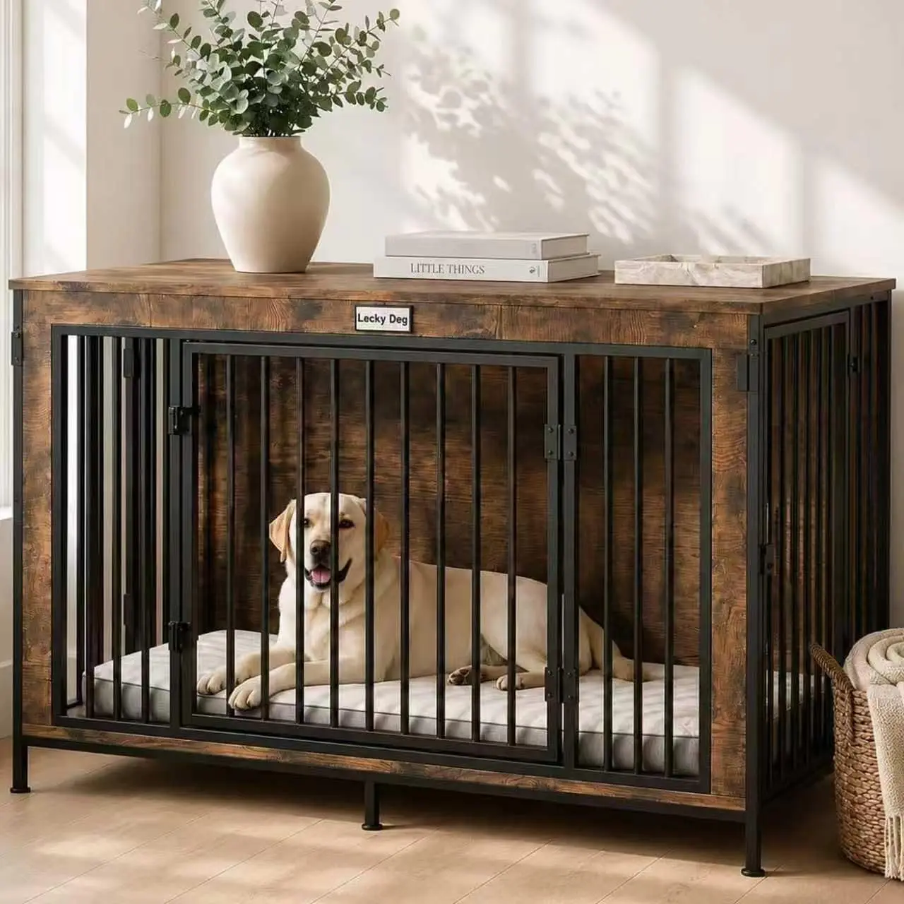 48 Inch XL Heavy Duty Dog Crate for Medium Large Dogs, Chew-Resistant Steel Kennel with 3 Doors & Locking Rings, 400 lb Wood-Top Indoor Pet House