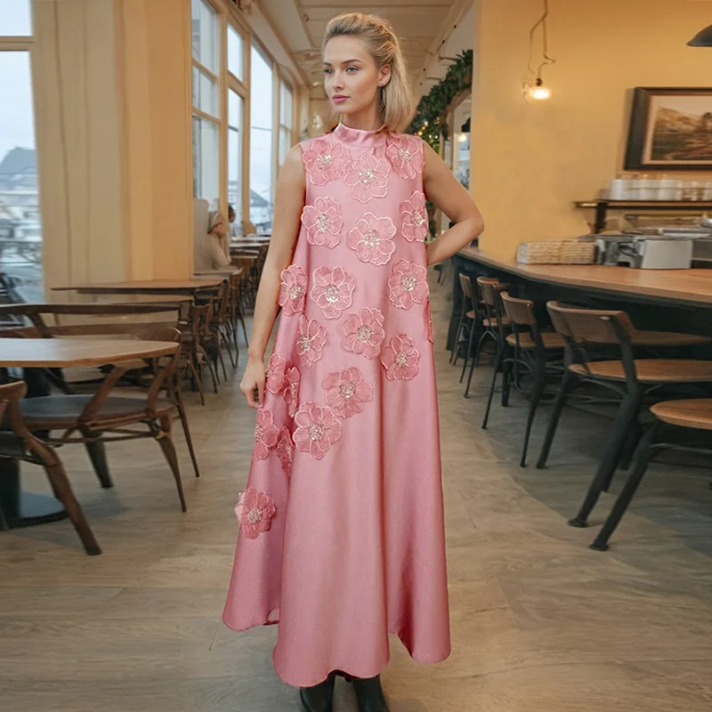 Damen Rosa Ärmelloses Midikleid mit Stehkragen, 3D-Blumen-Spitzenapplikationen, lockeres A-Linien-Satinkleid, elegantes Party- und Freizeitkleid – Detail 1