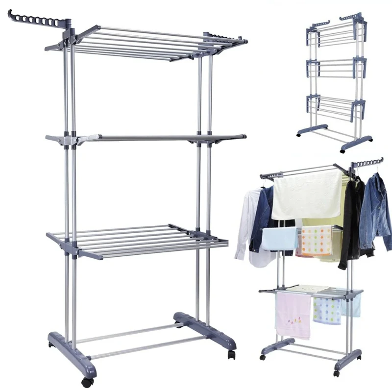 

Clothes Drying Rack Stand 4-Tier Foldable Stainless Steel Movable Clothing Airer Multifunctional Laundry Coat Rack Household