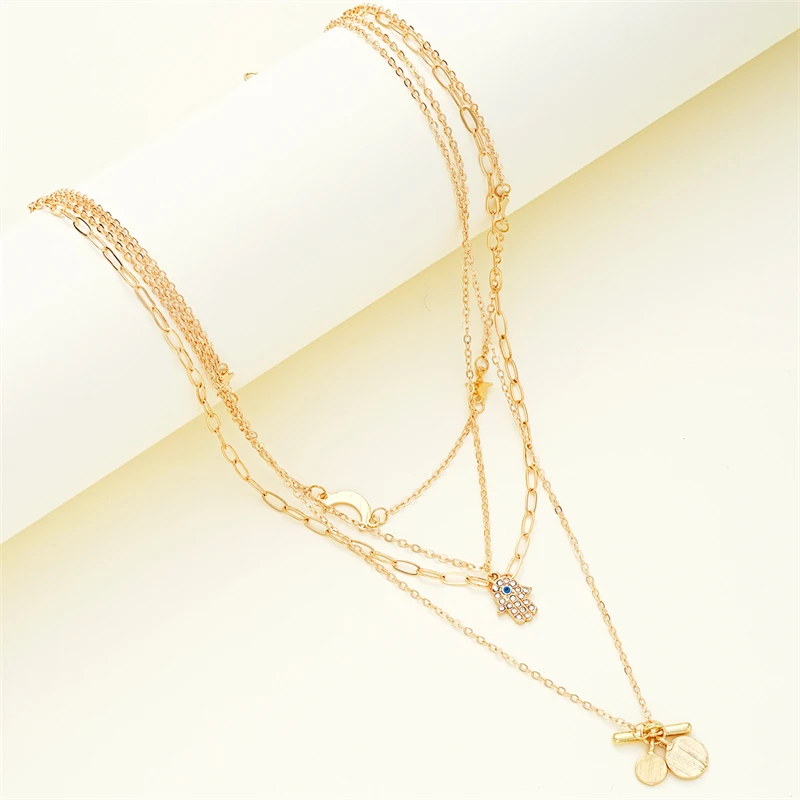 البوهيمي الذهب اللون متعدد الطبقات سلسلة القلائد للنساء خمر عين الشر النخيل الصليب قلادة المختنق قلادة مجوهرات الحفلات هدية #4