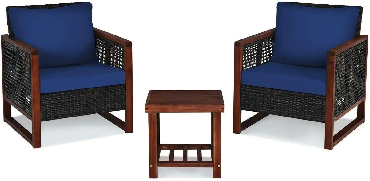 

Комплект уличной мебели для бесед на открытом воздухе из 3 предметов: 2 кресла, 1 журнальный столик, с толстыми мягкими подушками, каркас из акации, широкие подлокотники