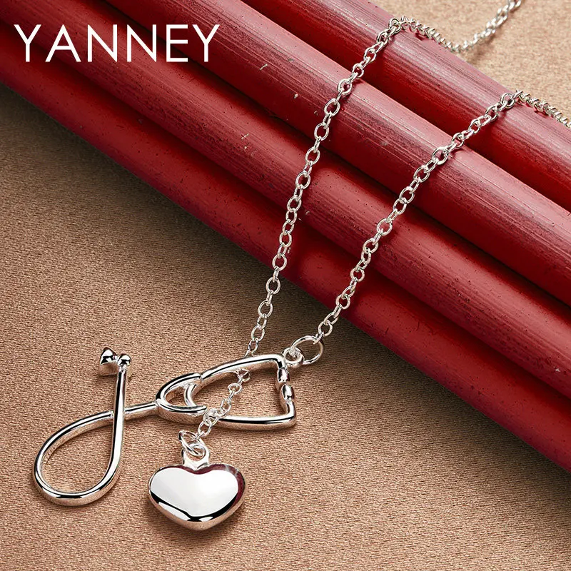 Luxury 925 Sterling Silver 18 Inches Fine Stethoscope Heart Necklace For Woman Fashion Charm Gift Wedding Jewelry