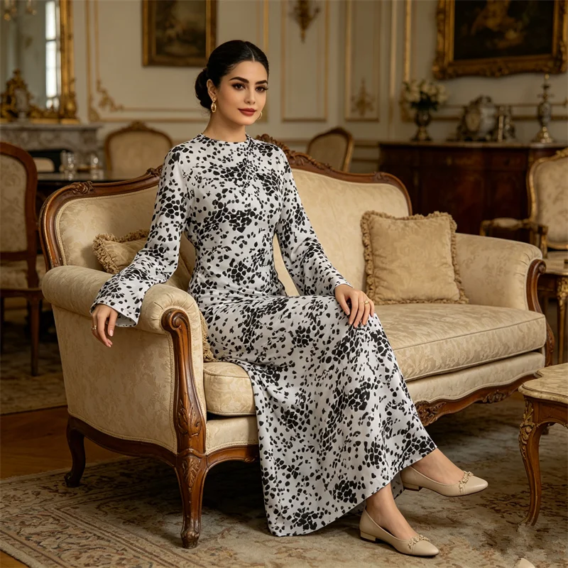 

Elegant Polka Dot Abaya Muslim Maxi Dress Moroccan Kaftan Print Abayas for Women Dubai Jalabiya Robe Islam Clothing Caftan Femme