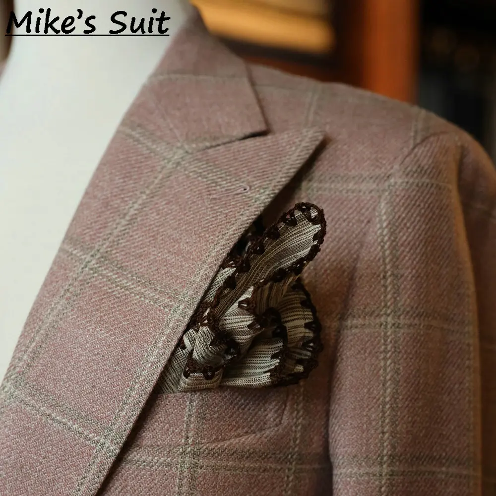 Men Dusty Pink Windowpane Check Wool Tweed Blazer Single Breasted Vintage Smart Casual Sport Coat