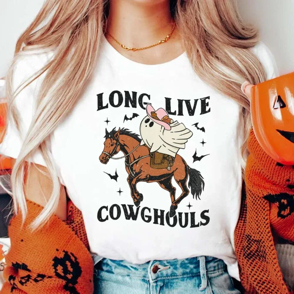 Clothing T-Shirt Autumn Cute Trendy Women's Printed O-Neck Top Casual Cartoon Ghost Printed Pattern Cartoon Horse Fashion T-Shir