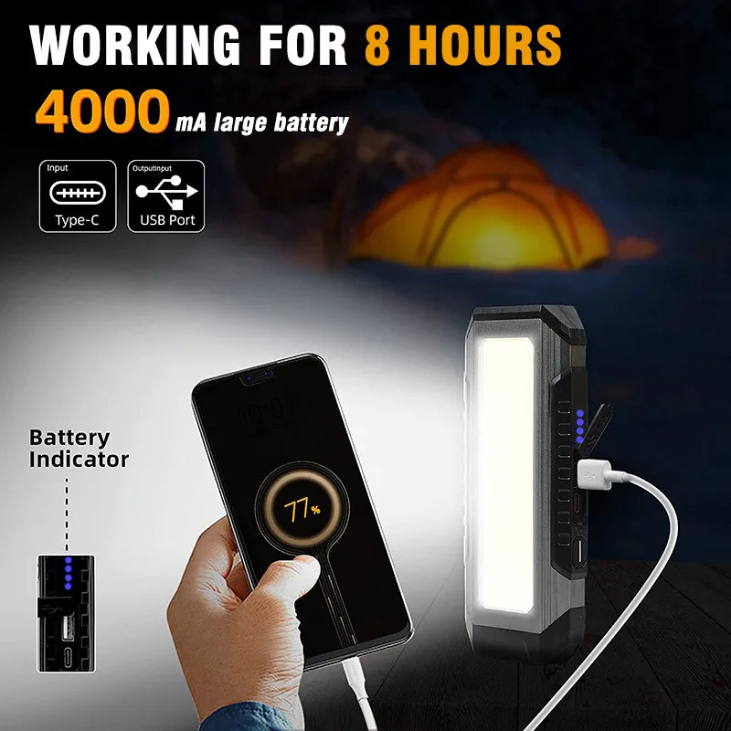 Lanternas COB com Ímã Impermeável LED Luz de Trabalho Tocha De Acampamento Luz Embutida 4000mAh Bateria Lanterna 18650 Recarregável