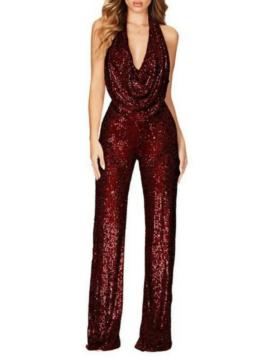 夏の女性用スパンコールオフショルダーワンピーススーツ、スリムなデザインのストレートレッグロングパンツ、ポリエステル生地