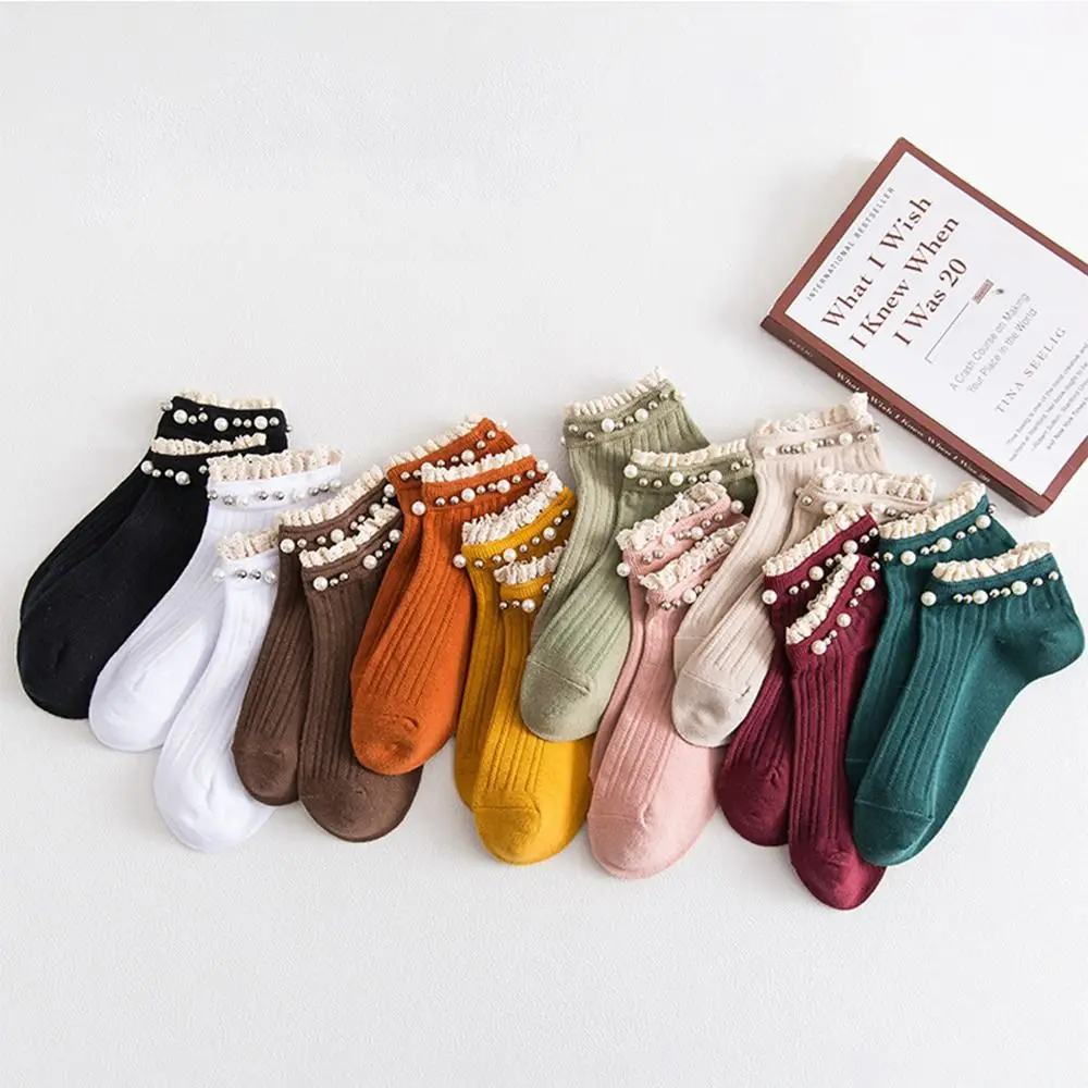 1Pair Candy Color Women Ankle Socks Breathable with Pearl Lace Ruffle Socks preppy Style Elastic Princess Dress Socks