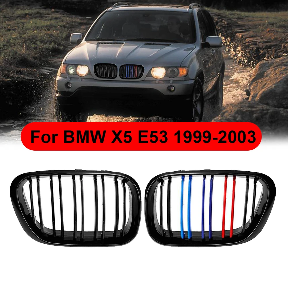 1 Pair Car Glossy Black Front Grill Kidney Grilles Double Slat Line Racing Grill Accessories for 99-03 BMW X5 E53 M-style