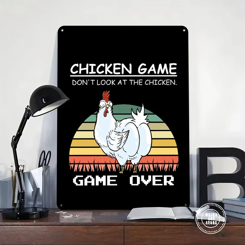 Chicken Game Over Printed Poster Customized Wall Art Retro Vintage Metal Tin Signs for Gamer Mancave Decoration Gaming Home Sign