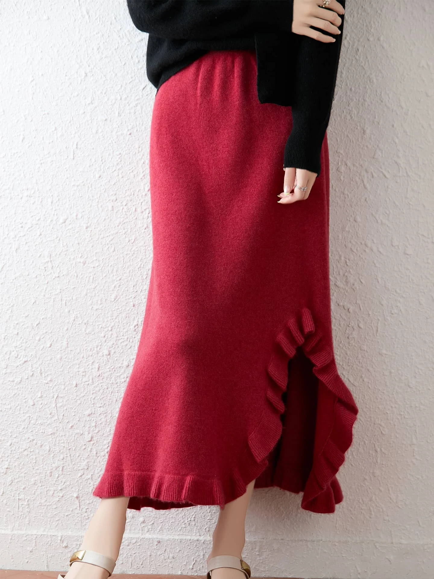 100% Merino Wool Women's A-line Irregular Ruffle Edge Mid Length Autumn Winter Thick Casual Fashion Cashmere Knitted Skirt