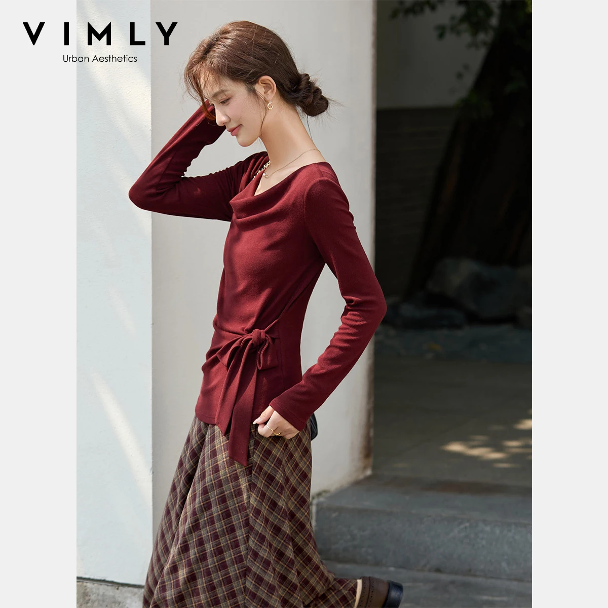 VIMLY 여성 티셔츠 캐주얼 가을 2025 사이드 타이 슬래시 넥 니트 여성 티셔츠 우아하고 섹시한 슬림 핏 긴팔 여성 상의 A3289