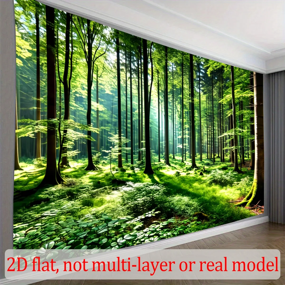 Green Forest Sunlight Rays Mossy Ground Tapestry 2D Flat Nature Woods Landscape Wall Hanging for Living Room Bedroom Home Decor