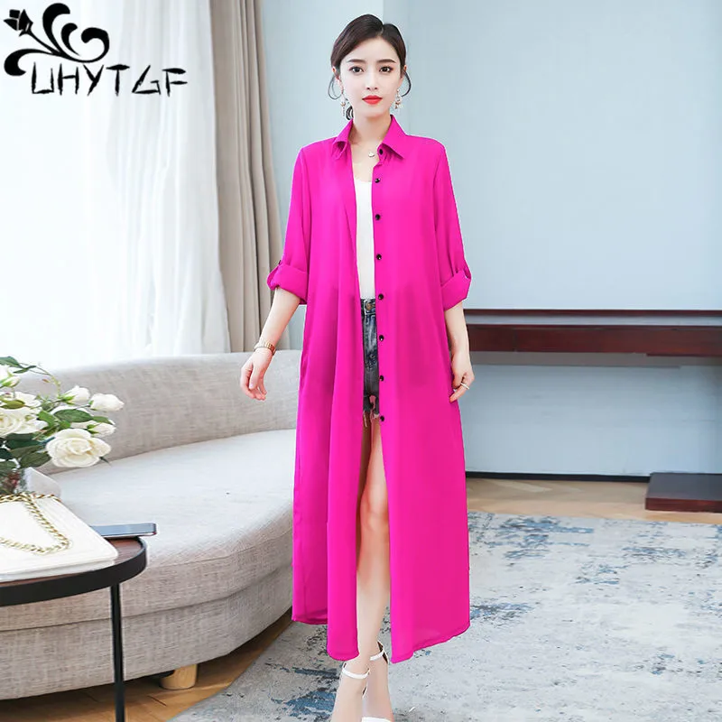 

UHYTGF Cardigan Chiffon Thin Shawl Sun Protection Coat Women's Outdoor Summer Cape Overcoat Female Long Shirt Jacket Ladies 2712