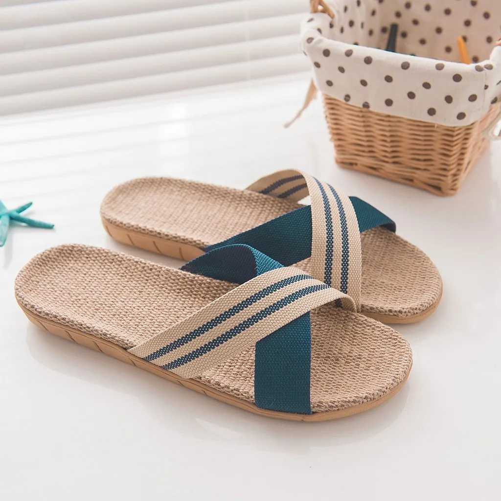 

Linen Slippers Men's Summer Indoor Floor Stalls Couple Slippers Silent Comfortable Absorbent Men's Slippers Flat Beach Shoes