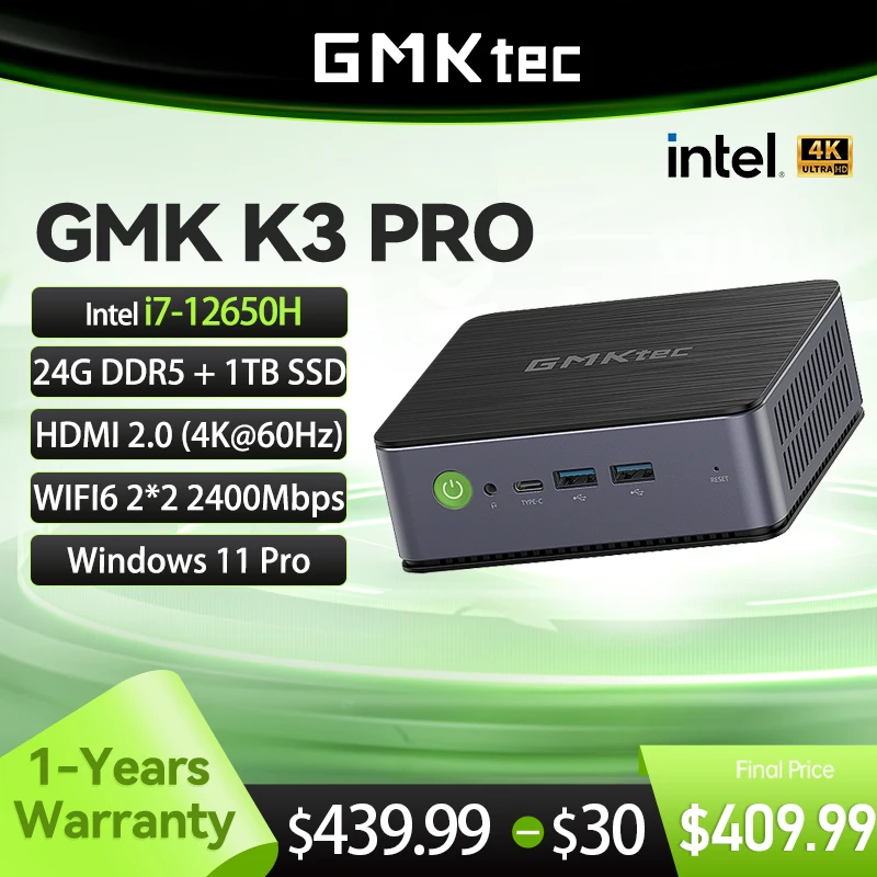 GMKtec GMK K3PRO Mini PC Intel i7-12650H NUCBOX Mini Pc 1260P 24GB RAM 1TB SSD Window 11 Pro WiFi6 Computador para jogos