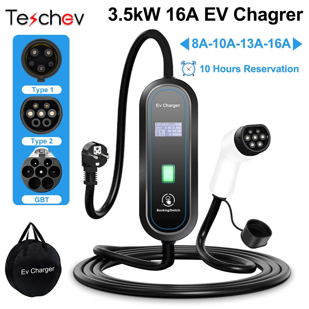 Teschev 220V 230V GBT Standard Portable EV Charger Wallbox 16A Type1 Charging Cable Type2 Cord Schuko Plug for Electric Car