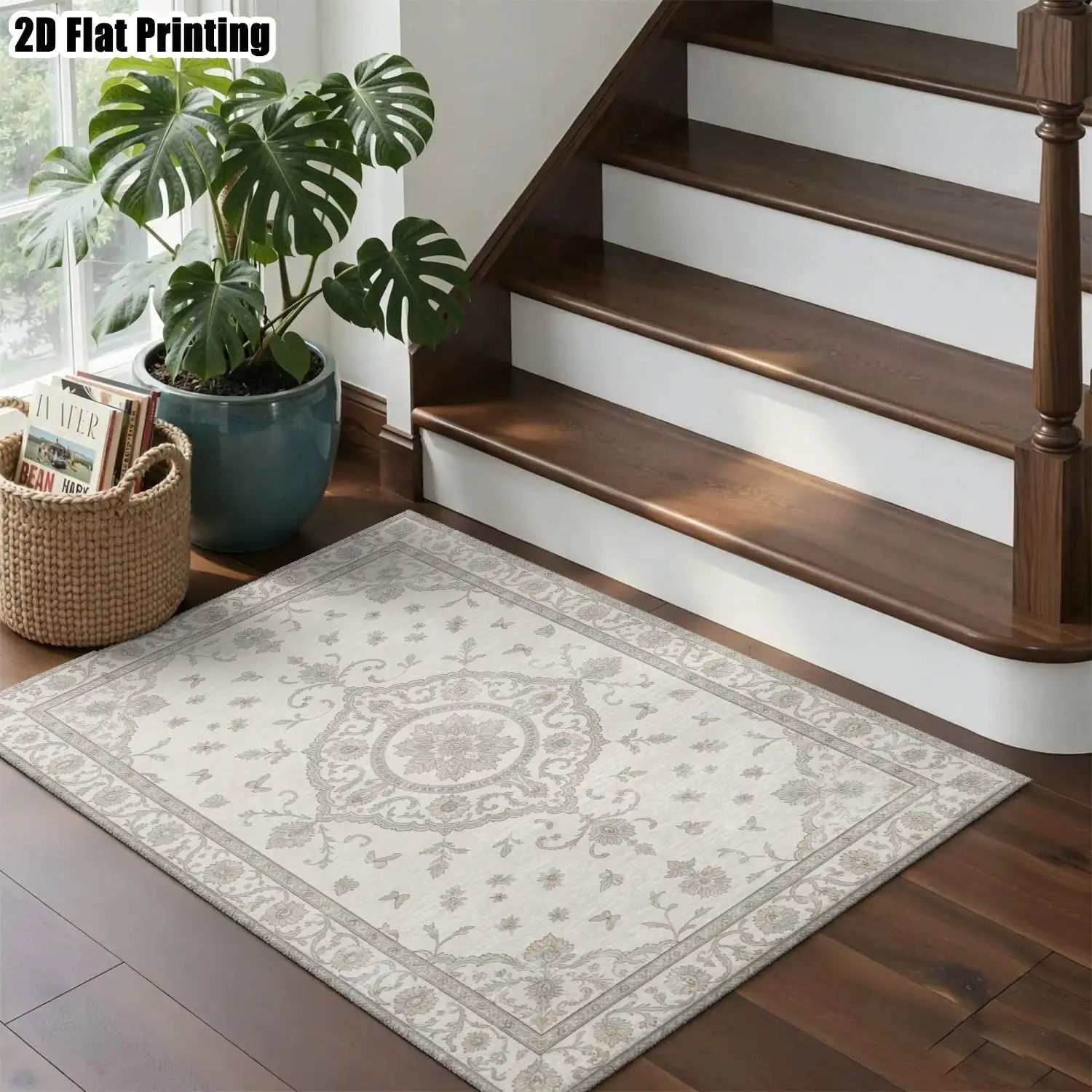 1Pc 2D Printed Carpet, Beige Floral Retro Pattern European-Style, Bohemian, Simple Geometric, Home Decor Carpet/Mats, Multi-Size, Machine Washable, for Entrance, Living Room, Bedroom, Dining Room, Foyer