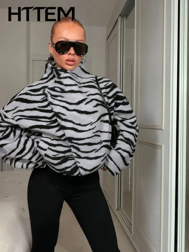 Zebra Printed Women's Autumn Coat Chic Stand Collar Single Breasted Long Sleeve Female Coats 2026 Loose Lady Streetwear Outwear