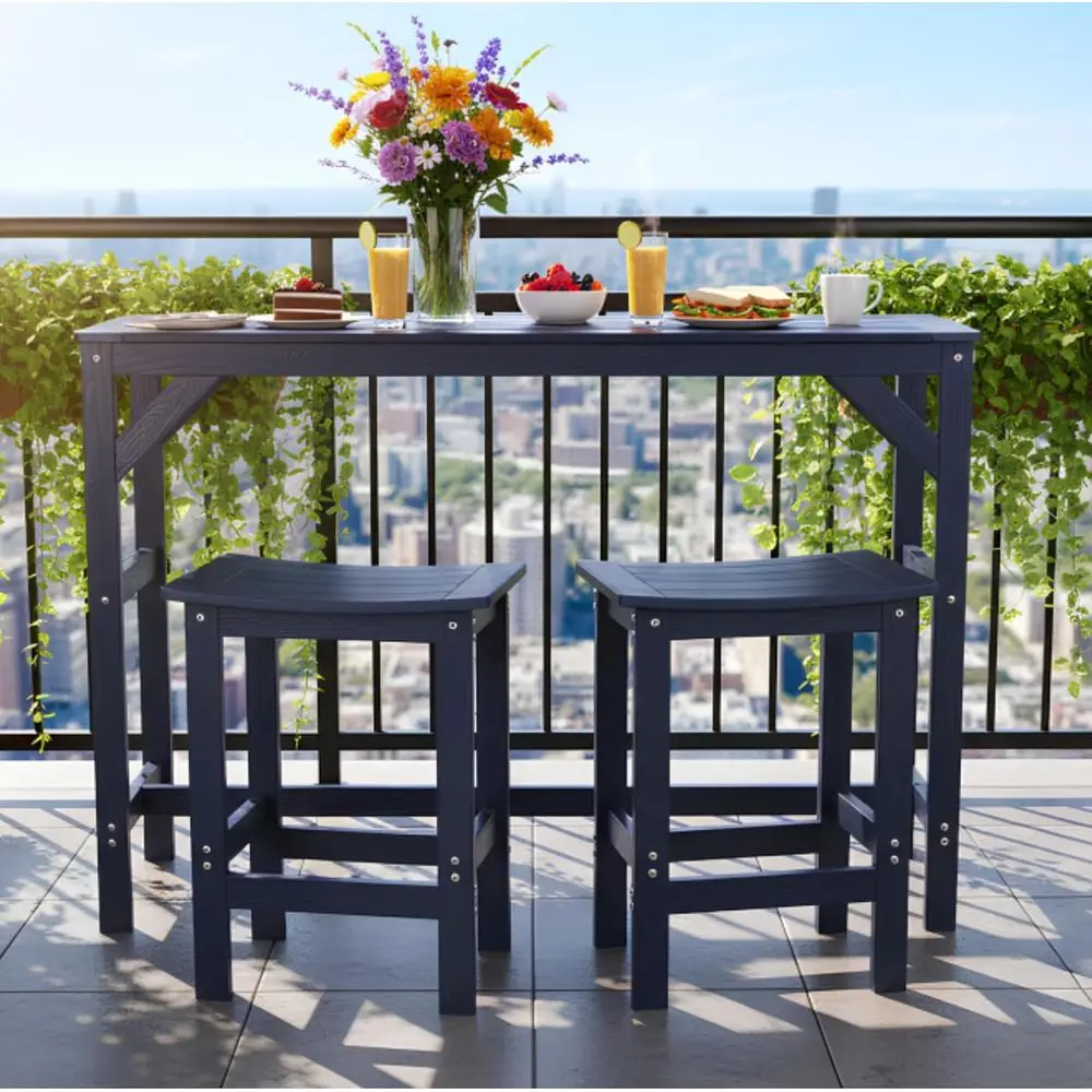 All-Weather Outdoor Patio Bar Set, 55 High Top Table with 2 Stools, Ideal for Poolside, Balcony, Deck (Blue, 3-Piece)