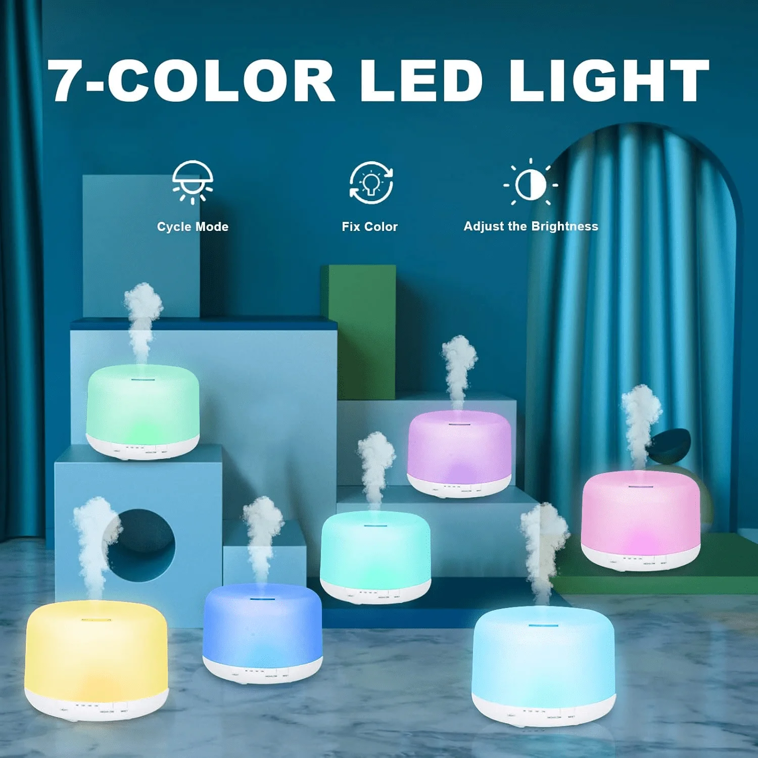 موزع روائح للزيوت العطرية LED بـ 7 ألوان، 300 مل - تكنولوجيا الدخان المكثف، جهاز التحكم عن بعد يتضمن 3 F