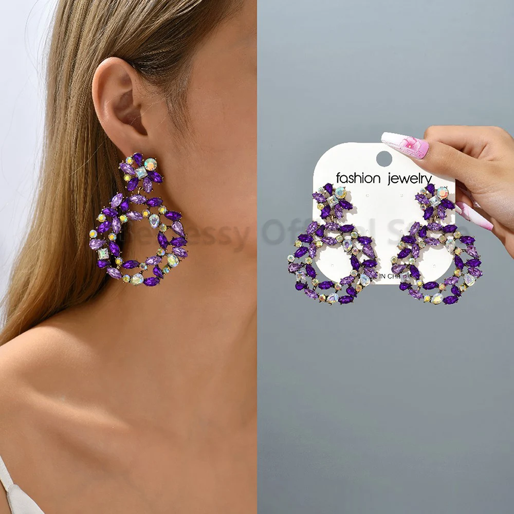 Purple Collection Fashion Crystal Drop Dangle Earrings For Women Designer Luxury Trendy Heart Petals Round Pendant Party Jewelry