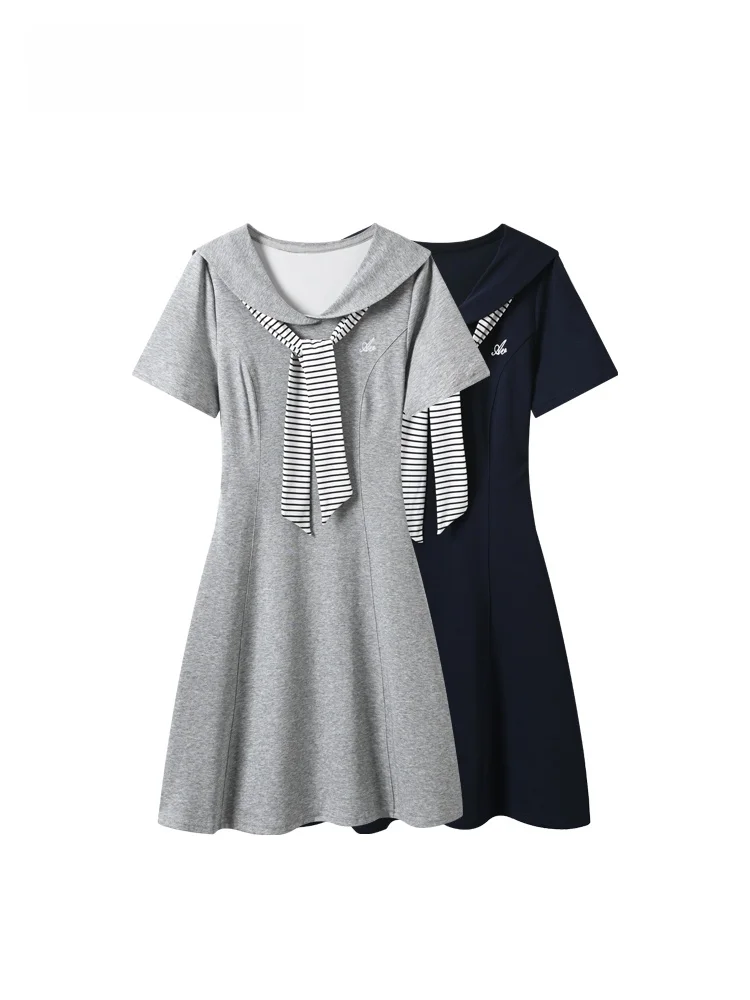 

Summer New Style Navy Collar Short Sleeve Dress Women's plus Size College Style Dress Age Reduction for Plump Sister