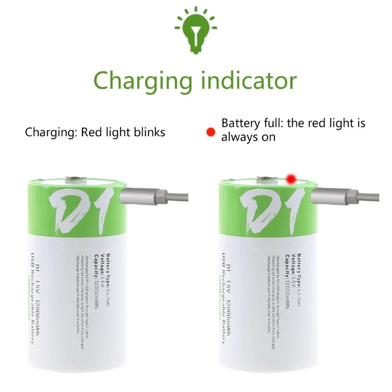 Rechargeable for D1 Batteries 1.5V USB Lithium ion Rechargeable D Battery USB Type C Port High Capacity Charge Constant