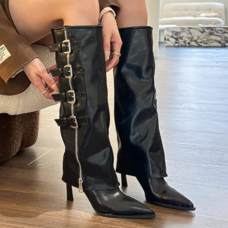 

Fashion Belt Buckle Knee High Boot Women Winter Comfortable Sexy Thin Heels Pointed Toe Zipper Shoes High Heel Pants Boot