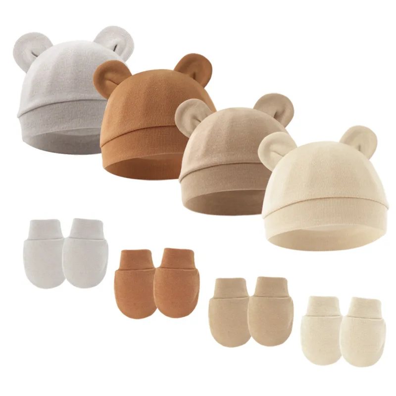 

Baby Bear Ear Hats Gloves Solid Soft Breathable Cotton Fetal Caps Newborn Knitted Beanies Cap Infants Bonnet Toddler Gifts 0-6M