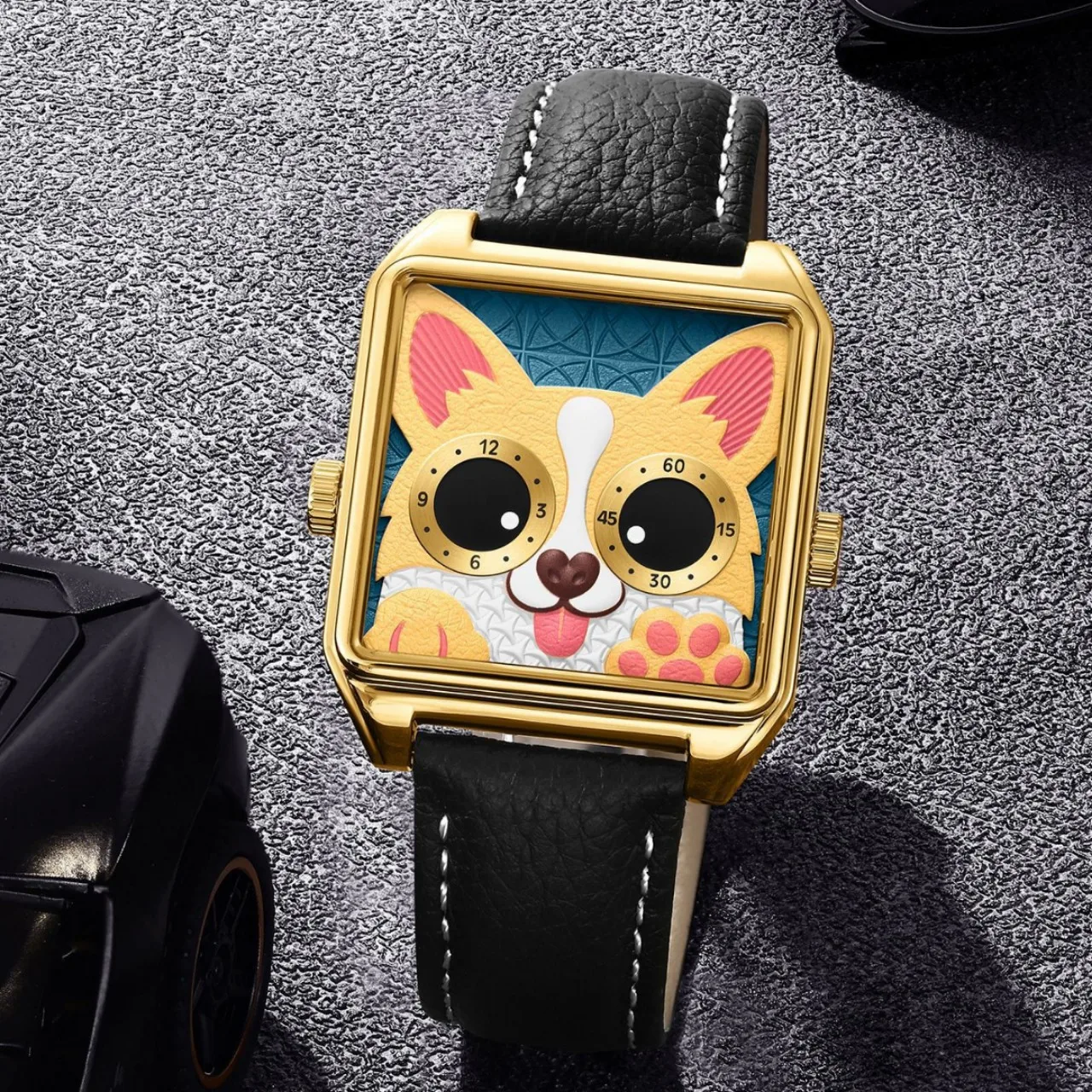 Fashionable and trendy big-eyed corgi cartoon embossed quartz watch with a unisex leather strap and stainless steel case