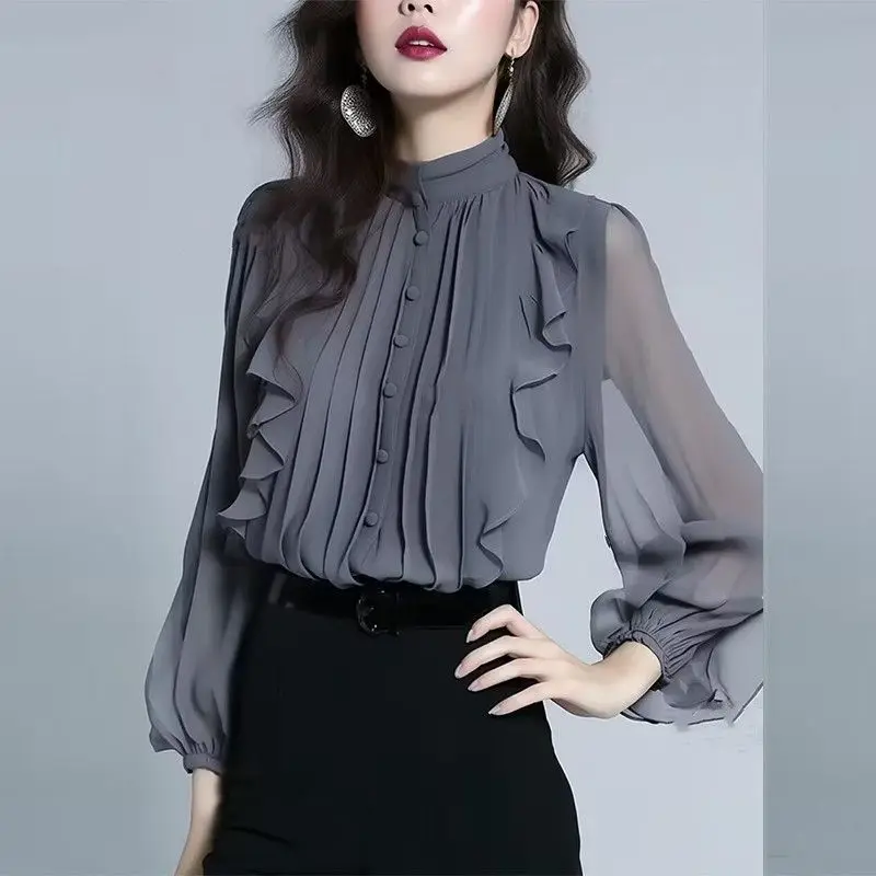 Camisa coreana de chiffon com gola alta para mulheres na primavera e no outono novo estilo de escritório elegante borda de folha de lótus Frenc