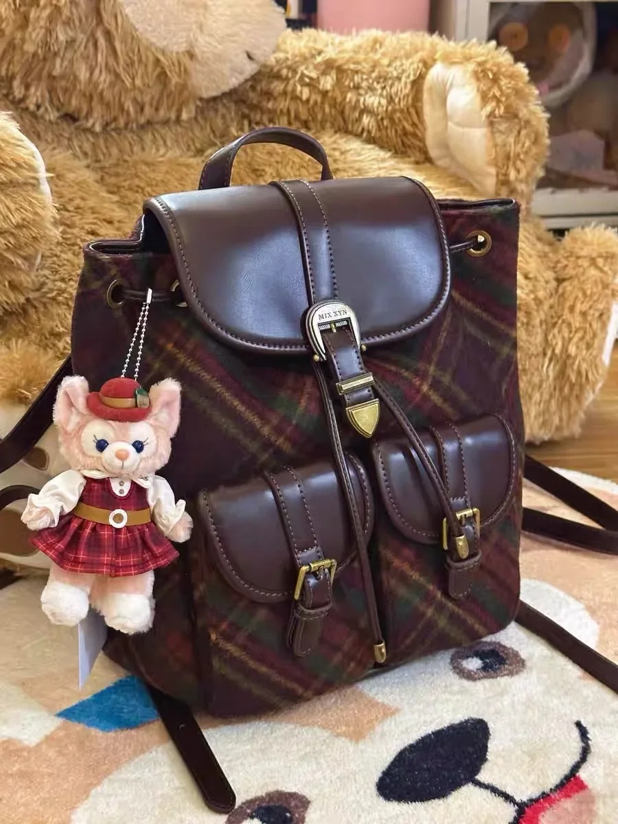 Miss Sudri English style woolen bag with high-end plaid pattern autumn/winter backpack, versatile and large capacity backpack