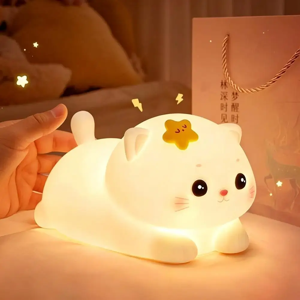 Cute Star Cat Silicone Night Light LED Tap Control Bedside Lamp Soft Nursery Nightlamp Birthday Gift For Girls