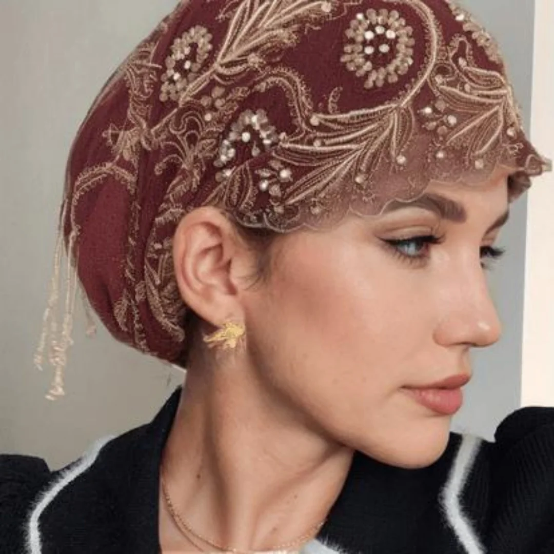 Turban Hat for Women Lace Rhinestone Muslim Hijab Beanie Cap Chic Floral Embroidery Headwrap Prayer Hat 4