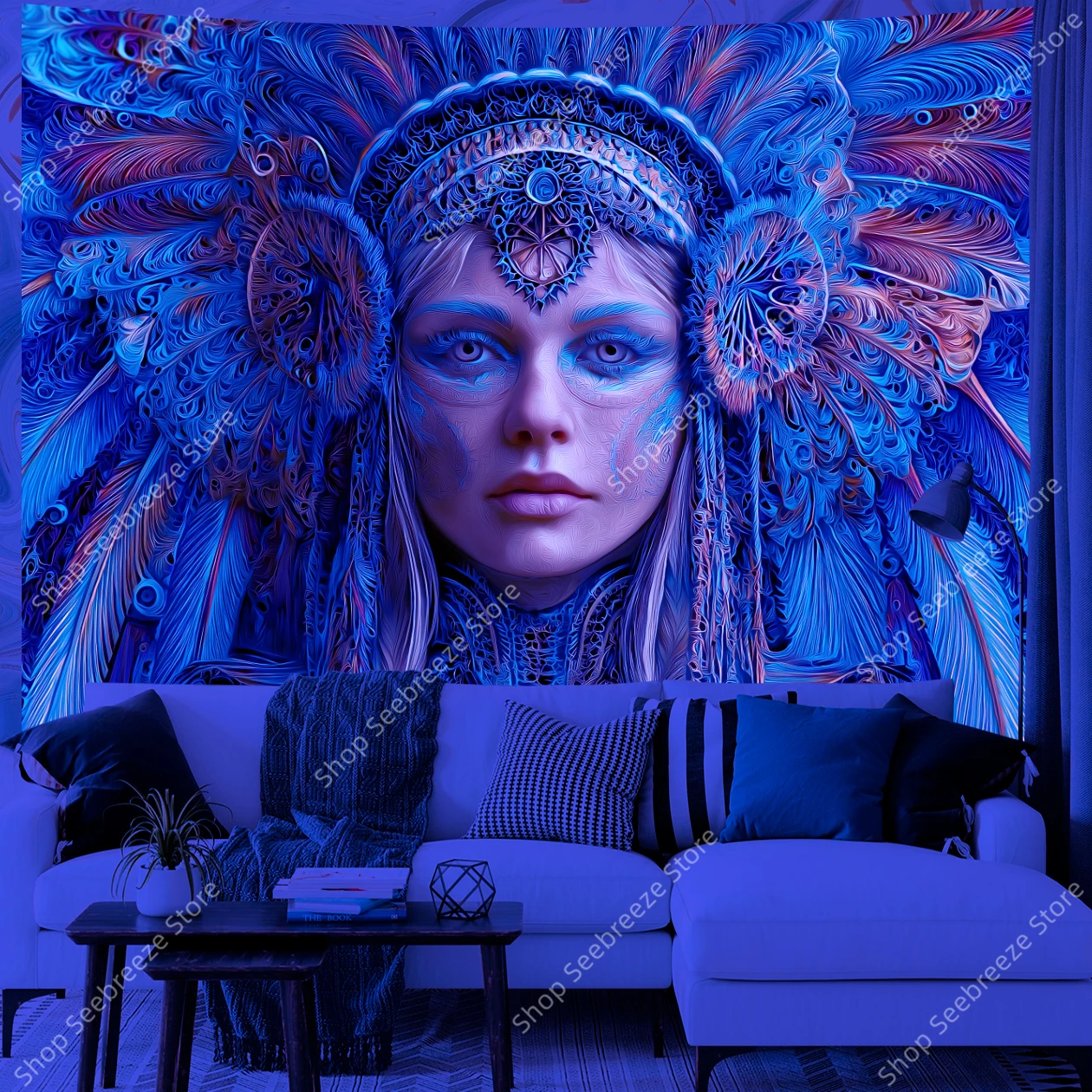 Bohemian Tribal UV Tapestry with Vibrant Feathers and Intricate Weaving Exotic Wall Hanging for Boho Home Decor Living Room