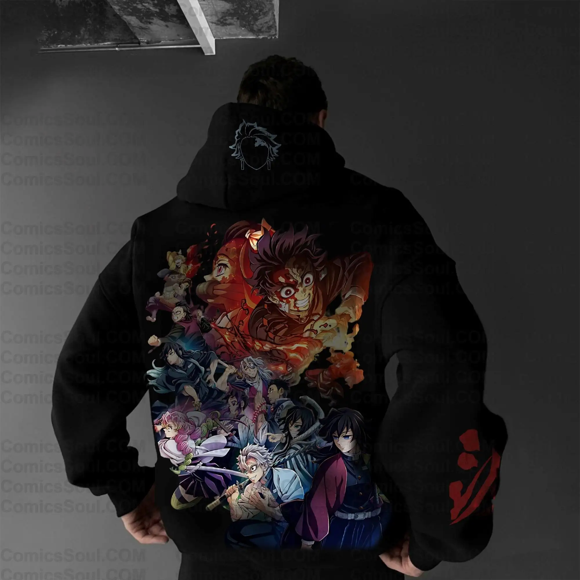 

Demon Slayer Kimetsu No Yaiba Black Hoodie Set Full Back Character Print Multi Color Design Cosplay Outfit with Front Logo