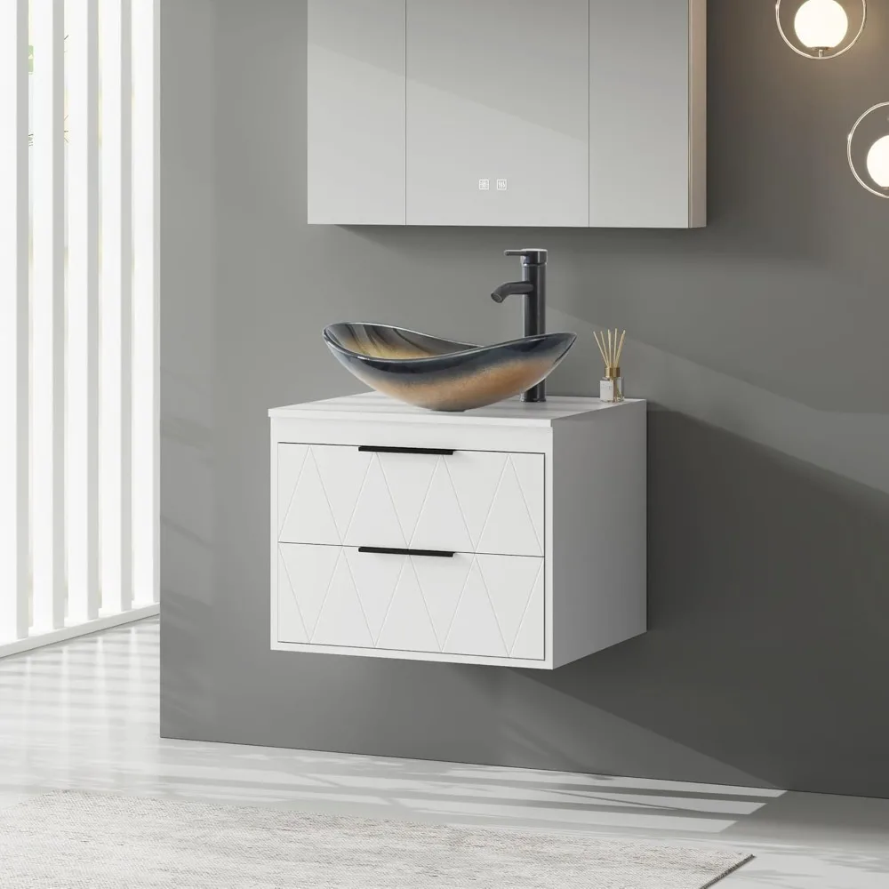 

24" Bathroom Vanities Cabinet with Sink Combo,Wall Mounted Floating Cabinet w/Decor LinesTempered Glass Vessel Sink W/ORB Water