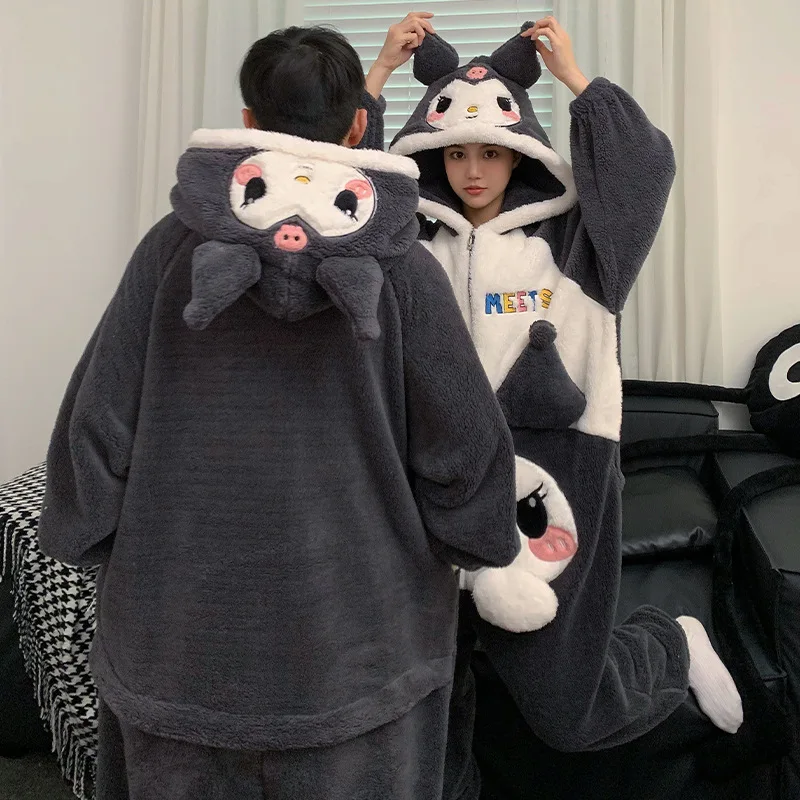 Sanrios Kuromi Cinnamoroll Plush Pajamas Kawaii Anime Creativity Couple Hooded Nightwear Suit Winter Boy Girl Conjoined Homewear