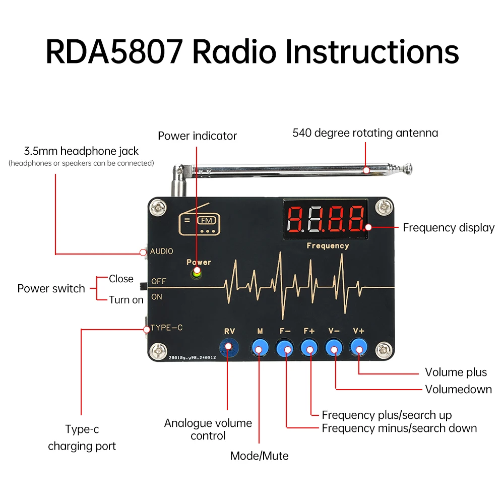 

DC 5V RDA5807M Radio Kit FM FM Electronic Fabrication Full Frequency Soldering Assembly DIY Loose Parts Type C 87-108MHz
