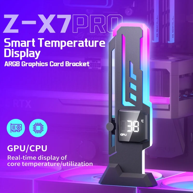 

Power Train Z-X7 PRO Graphics Card Bracket Smart Temperature Display 5V 3PIN ARGB AURA SYNC VGA Holder Height Adjustable
