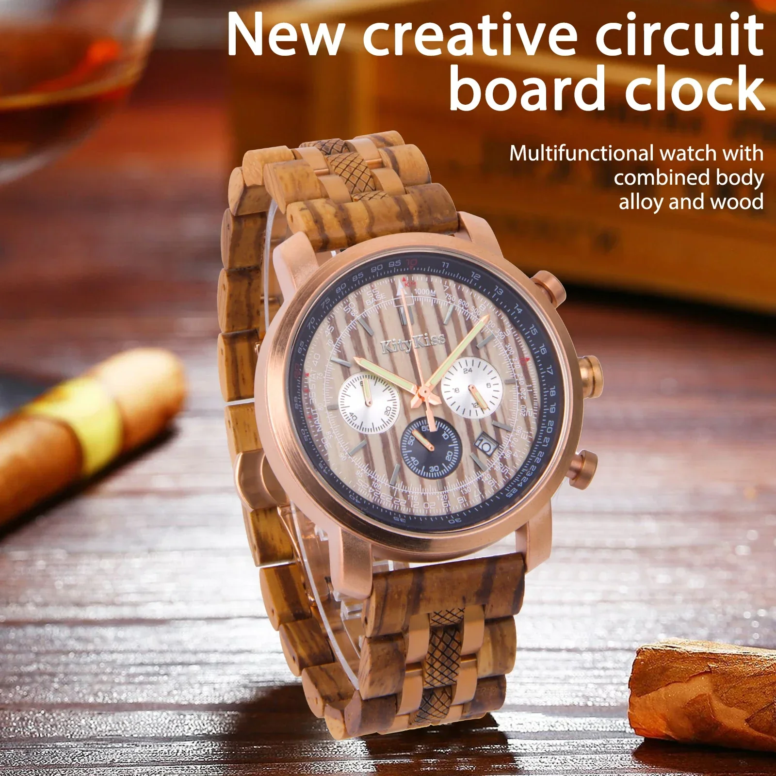 KityKiss Alloy Combined Wood Watch Men's Waterproof Luxury Fashion Watch Military Multifunctional quartz Gift Wood Watch