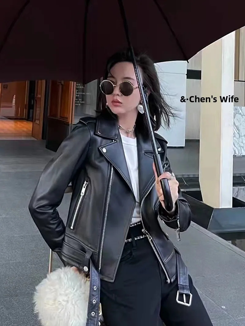 Mevrouw Chen's 2024 Nieuwe Ort Motorcycle Jaet Echt Eapenvacht Leer Dames Roze Pak Kraag Bovenkleding Slim Fit Lange Sv...