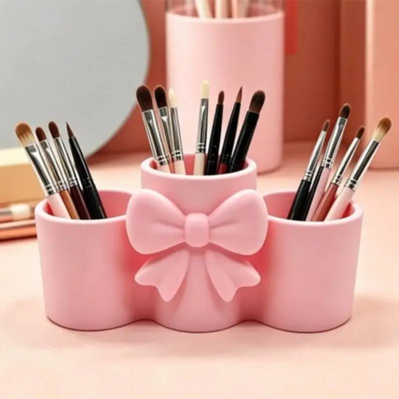 Pink Makeup Brush Holder With Cute Bow Decor 3 Compartments Perfect For Vanity Bedroom Cosmetic Storage