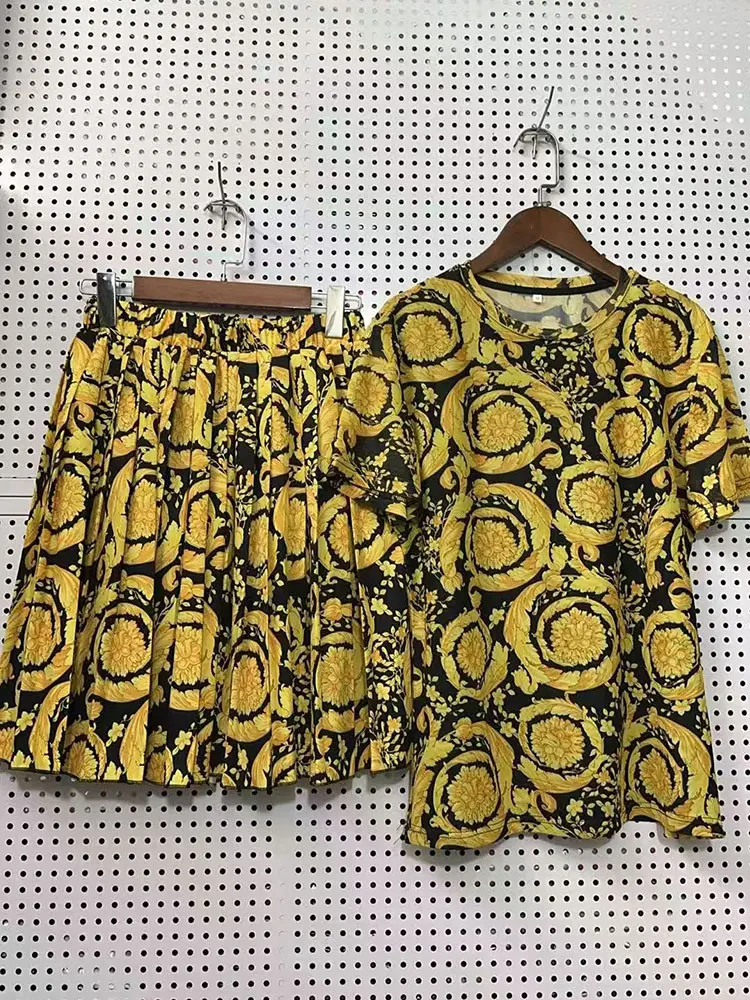 

Retro summer new round neck short sleeve gauze T-shirt shirt printed two-piece+elastic waist A short skirt fashion women's suit