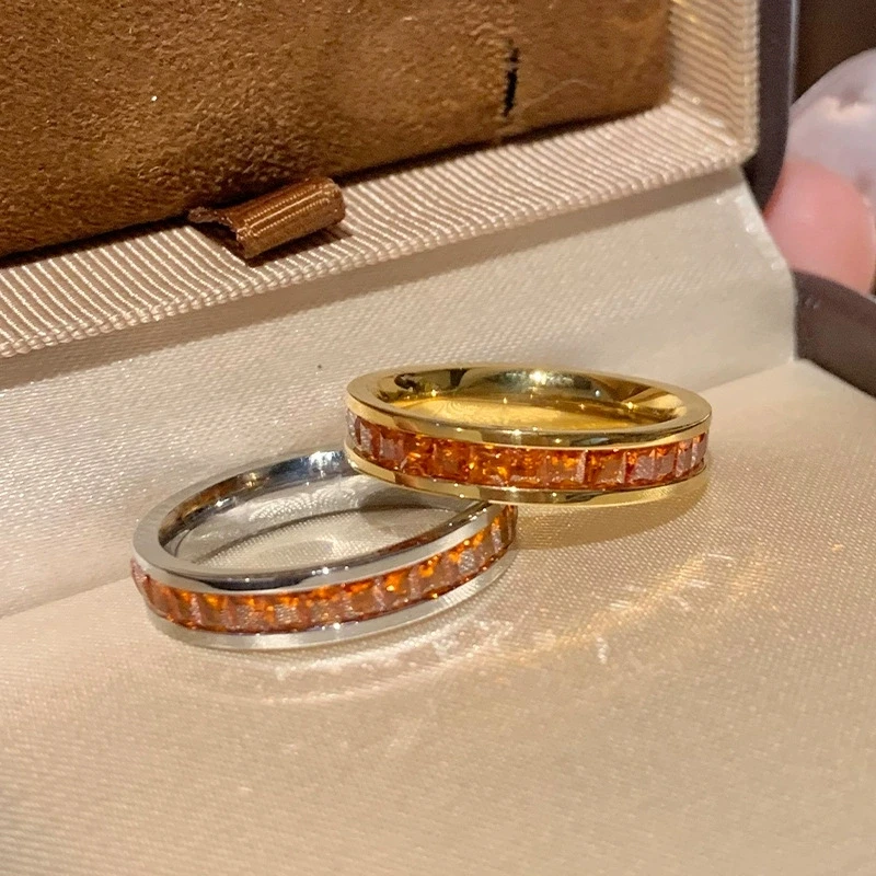 Square Orange Zircon Stainless Steel Rings For Women Gold Silver Color Female Promise Engagement Wedding Bands Jewelry Gifts