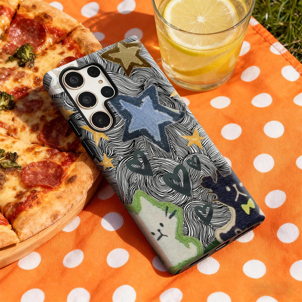 Vintage Whirl Cat Star Patchwork Phone Case for Samsung Galaxy S25 Ultra S24 S23 Ultra Plus Glossy Double-layer Back Cover