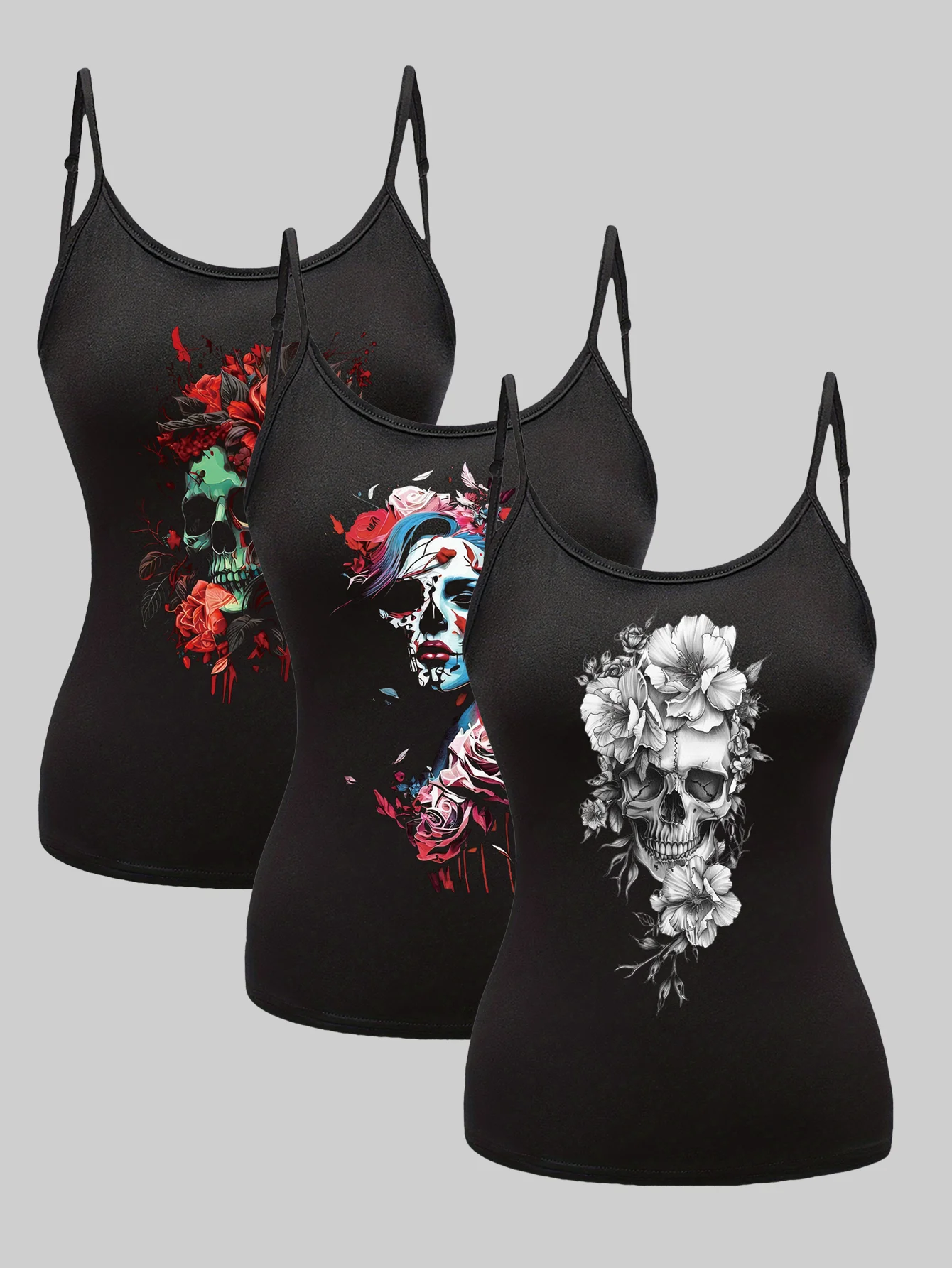 

Scene 2000s Inspired Abstract Skull Print & Portrait Halter Trio Set with Rhinestone Detailing for Woman Summer