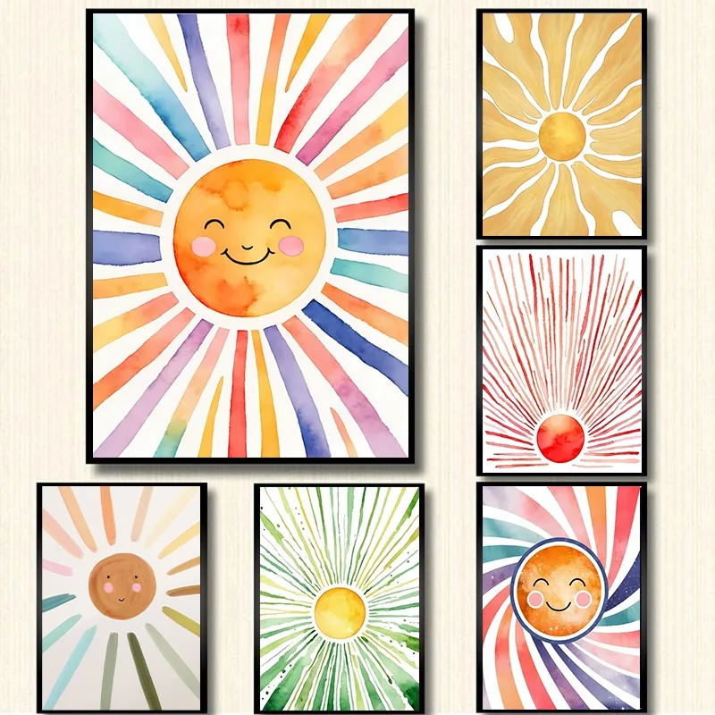 Minimalist Watercolor Sun Poster Sunshine Gold Sun Canvas Painting Mid Century Modern Bohemian Wall Art Living Room Home Decor
