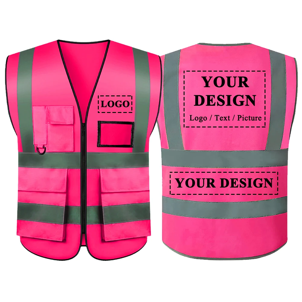 Custom Logo Pink Safety Working Vests for Women Men Construction Site Workwear Hi Vis Work Clothes with Pocket Zipper Front